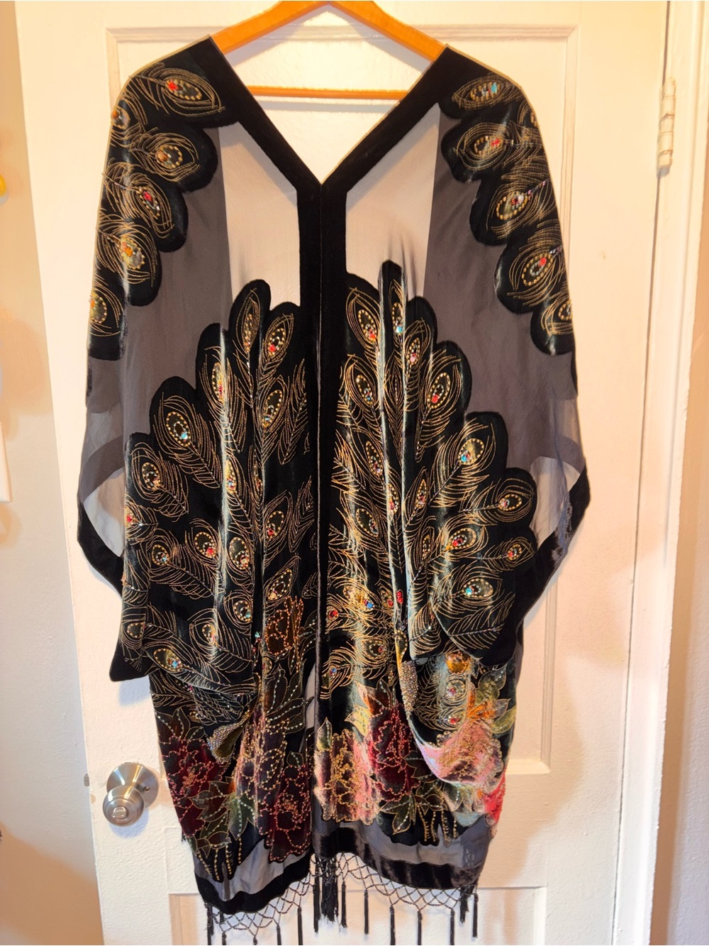 Vintage Silk Velvet Beaded Peacock Duster Coat Opera Black Fringe Romantic Goth